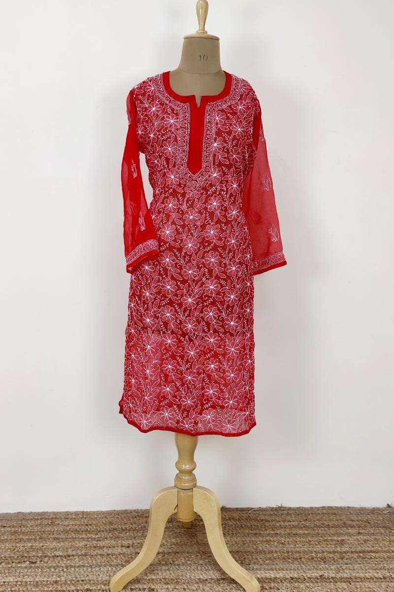 Red Color Hand Embroidered Lucknowi Chikankari Long Kurti (georgette) Mc252453