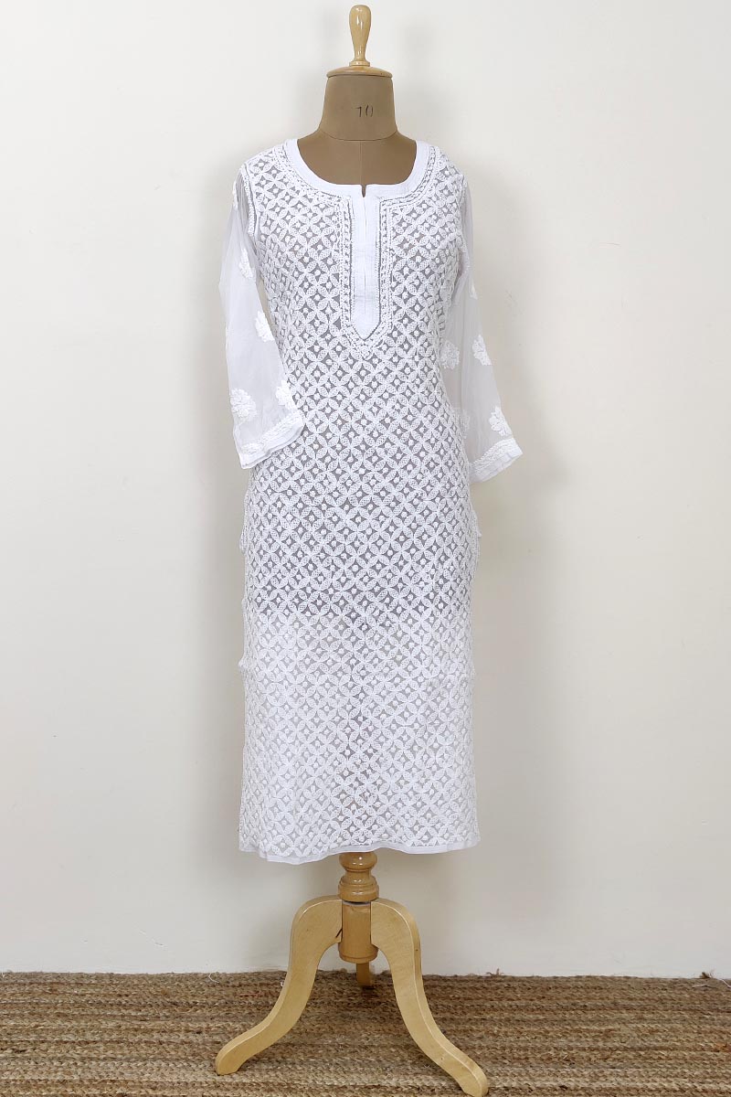 White Color Hand Embroidered Lucknowi Chikankari long kurti (Georgette) MC252429