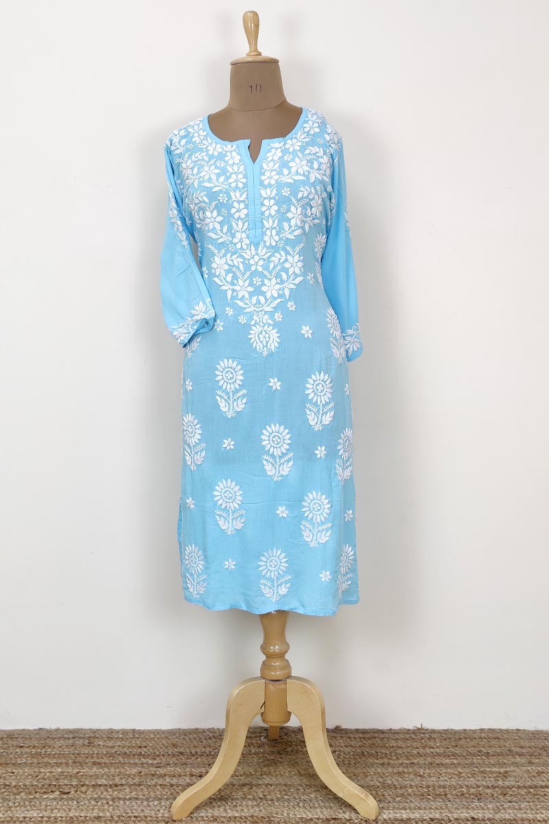 Blue Color Designer Hand Embroidered Lucknowi Chikankari long kurti (Modal) MC252449