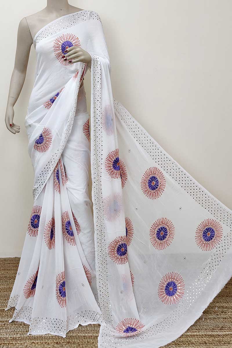 White Colour dyeable viscose Lucknowi Chikankari with Mukaish work (saree with blouse) MC252818