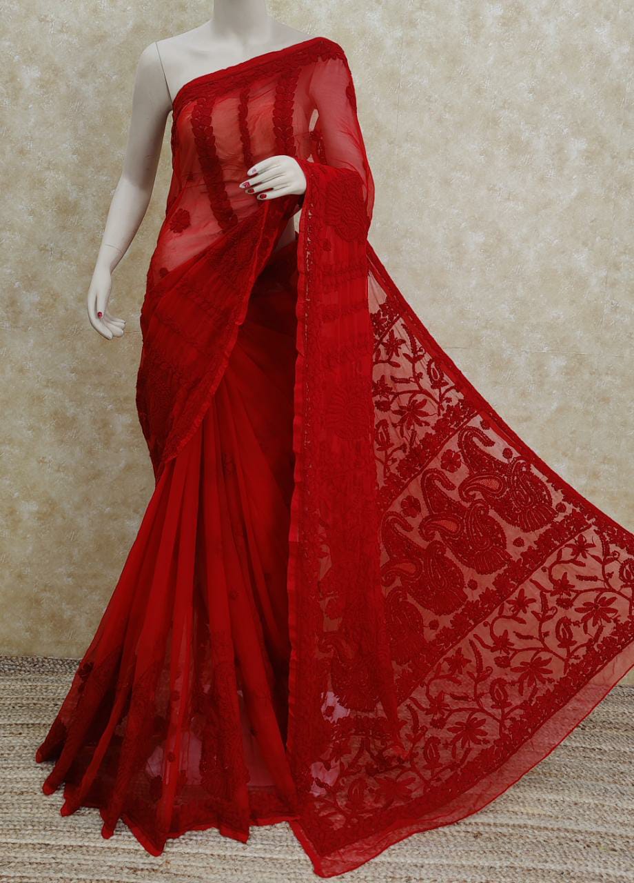 Red Color Designer Work Hand Embroidered Lucknowi Chikankari Saree (With Blouse) MC252062 MC252066