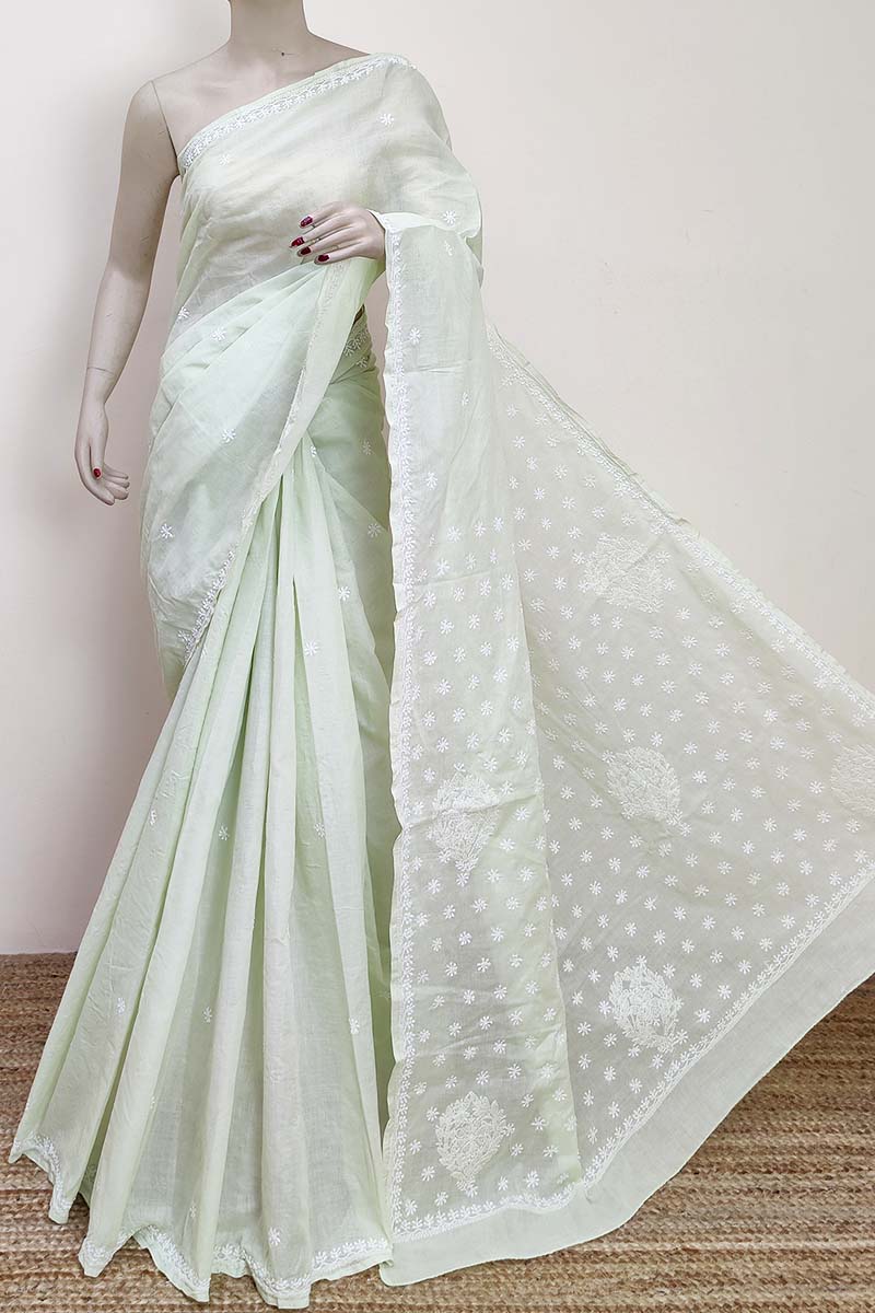Mint Color Hand Embroidered Cotton Lucknowi Chikankari Saree (with Blouse) MC252920