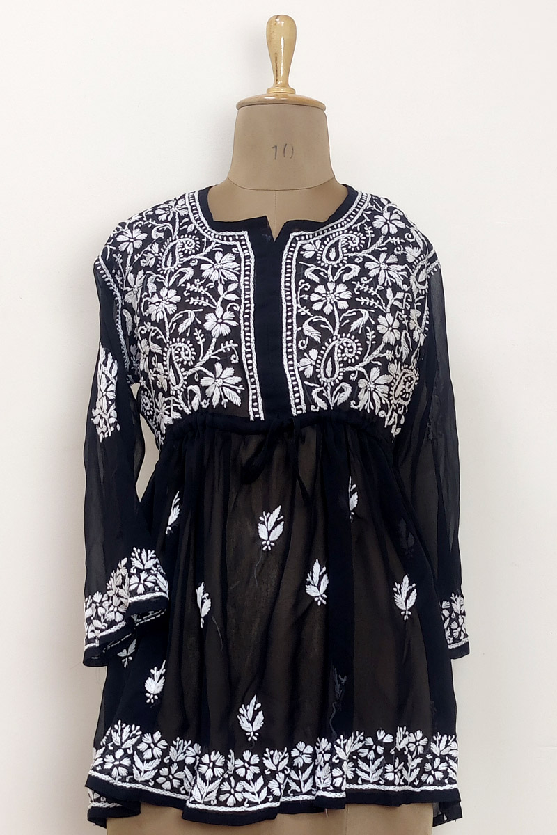 Black Color Hand Embroidered Lucknowi Chikankari Short Top (Georgette) mc252476