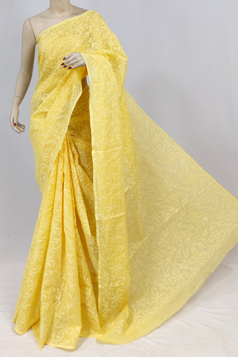 Yellow Colour Kota Cotton Tepchi Lucknowi Chikankari Saree Without Blouse MC253115