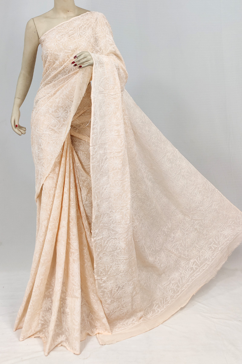 Peach Colour Kota Cotton Tepchi Lucknowi Chikankari Saree Without Blouse MC253116