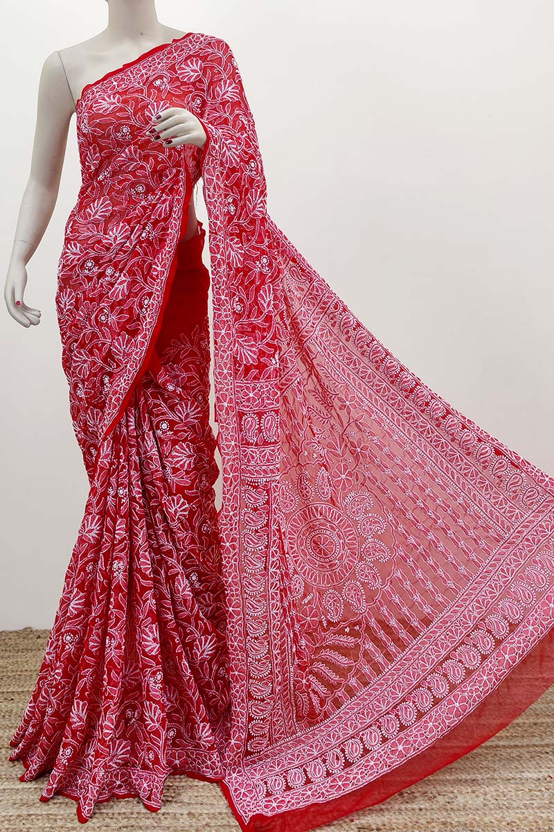 Red Color Allover Hand Embroidered Lucknowi Chikankari Saree (with Blouse - Georgette) Mc252481