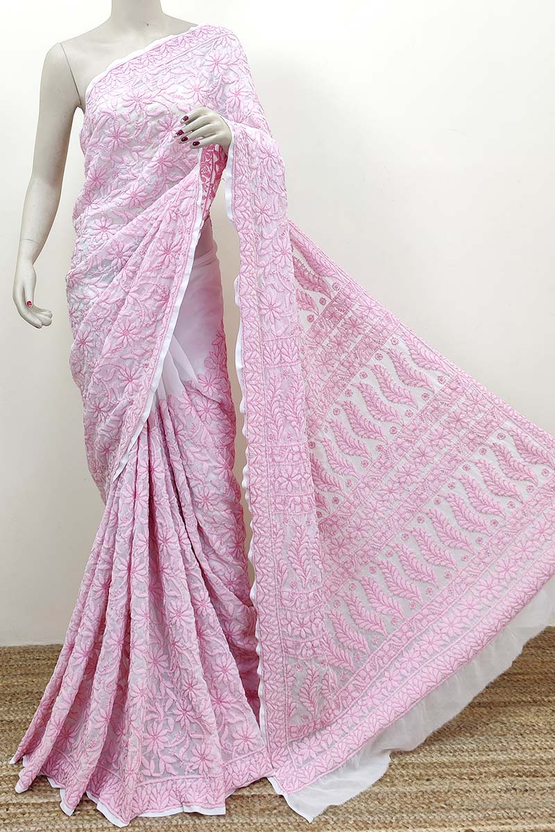 Baby Pink Color Allover Hand Embroidered Lucknowi Chikankari Saree (With Blouse - Georgette) MC252482