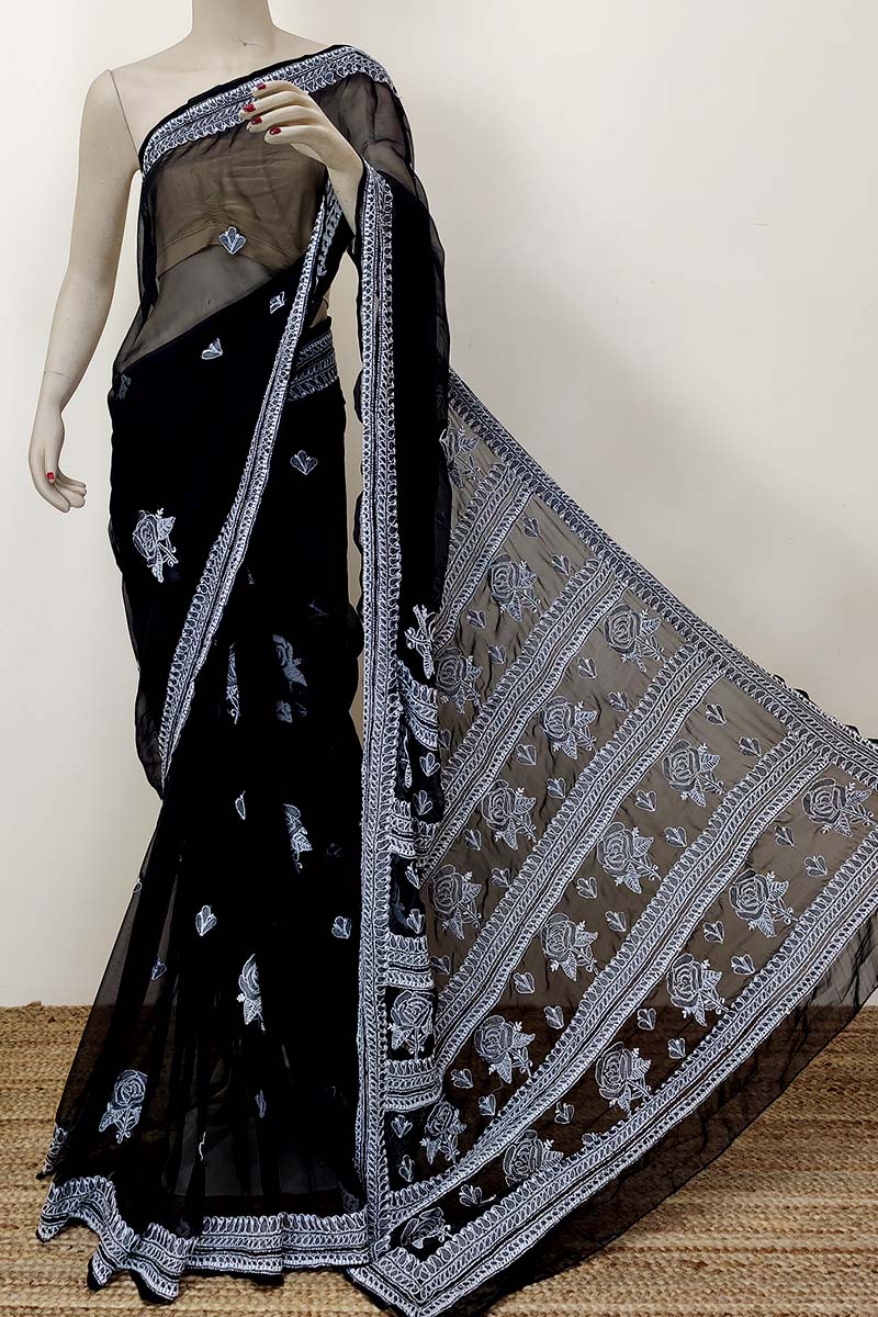 Black Color Hand Embroidered Lucknowi Chikankari Saree (With Blouse - Georgette) MC252488