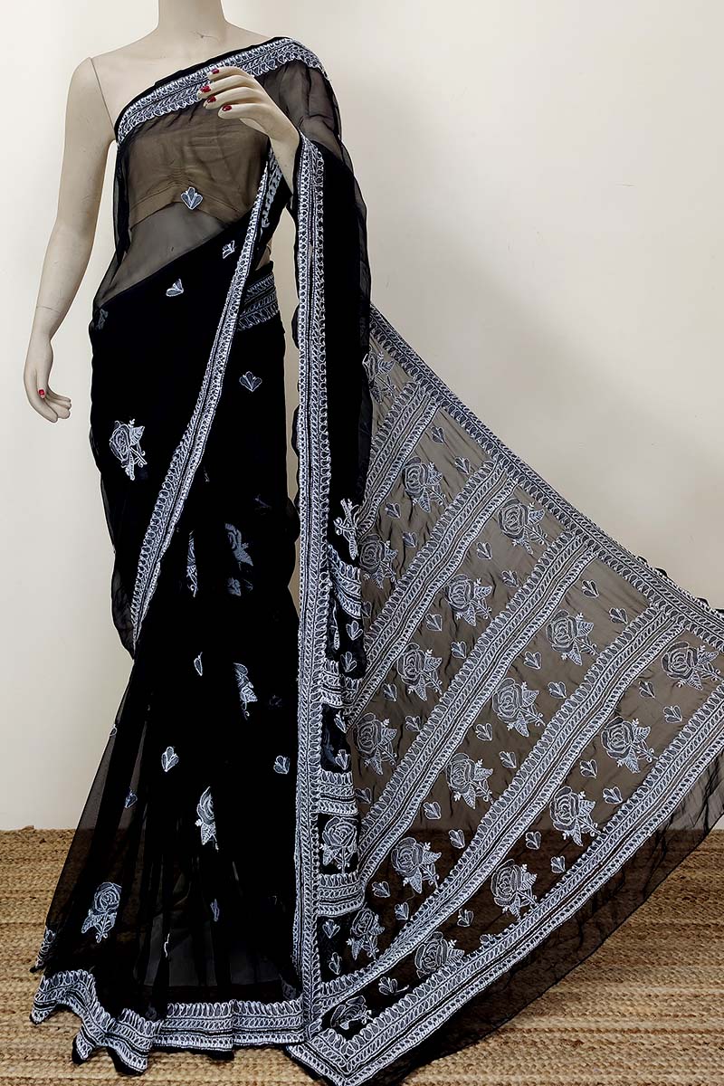 Black Color Hand Embroidered Lucknowi Chikankari Saree (with Blouse - Georgette) Mc252488