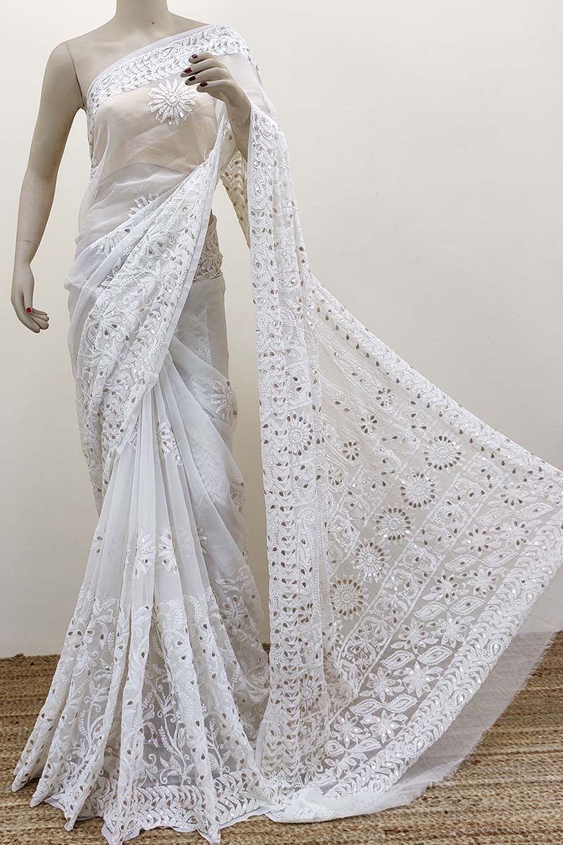 White Color Allover Hand Embroidered Lucknowi Chikankari Saree With Gota Patti Work (with Blouse - Georgette) Mc252493