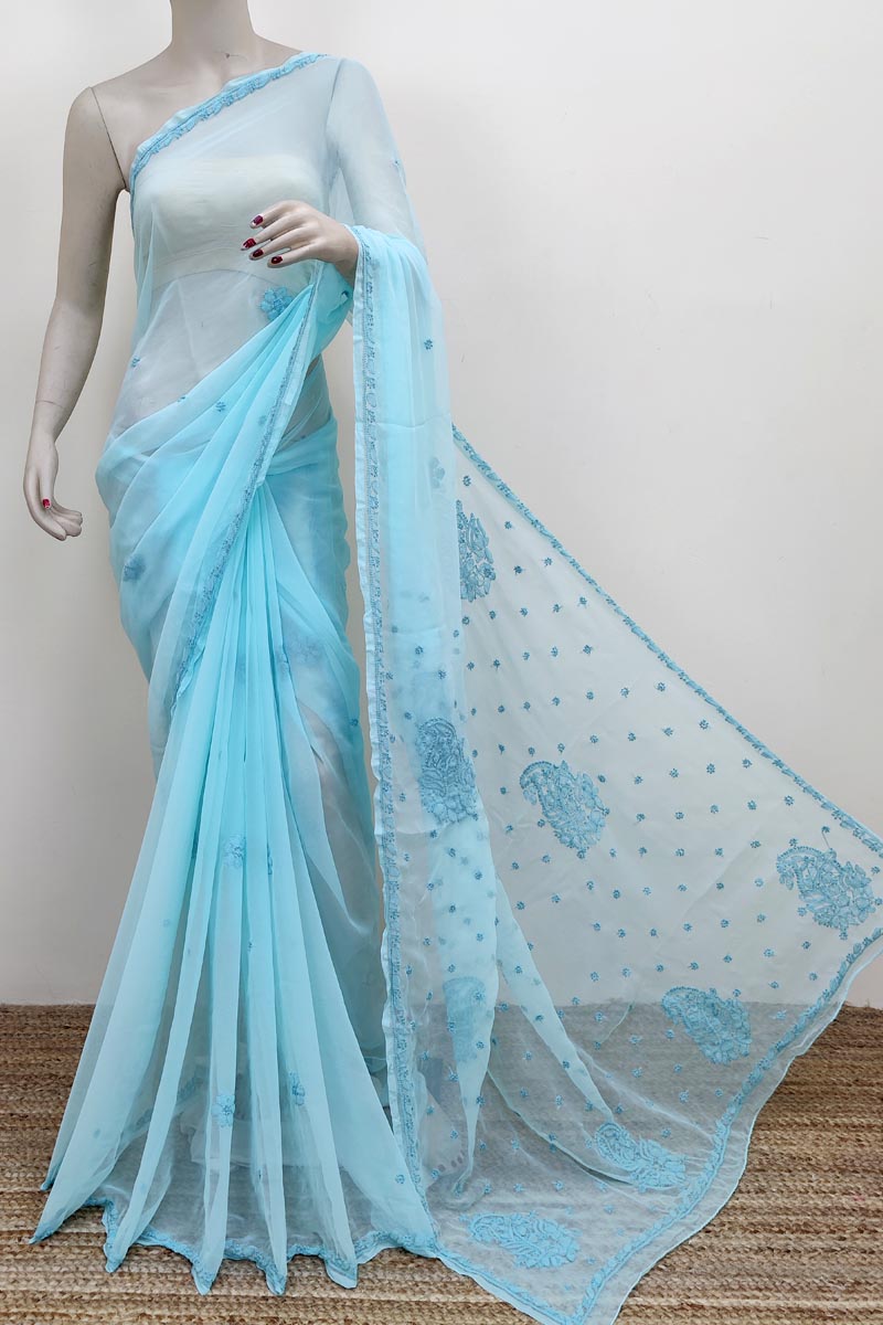 Sea Green Colour Georgette Lucknowi Chikankari (Saree with Blouse) MC252587