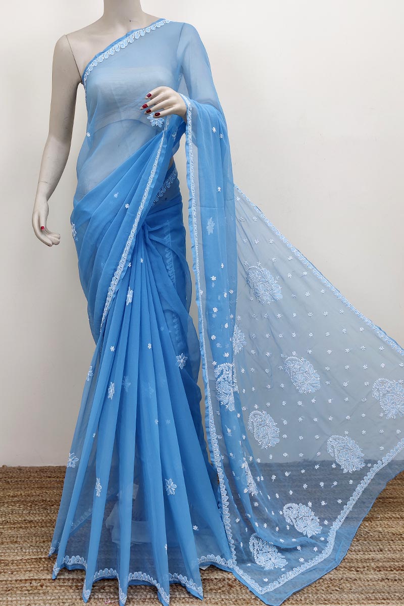 Aqua Blue Colour Georgette Lucknowi Chikankari (saree With Blouse) Mc252588