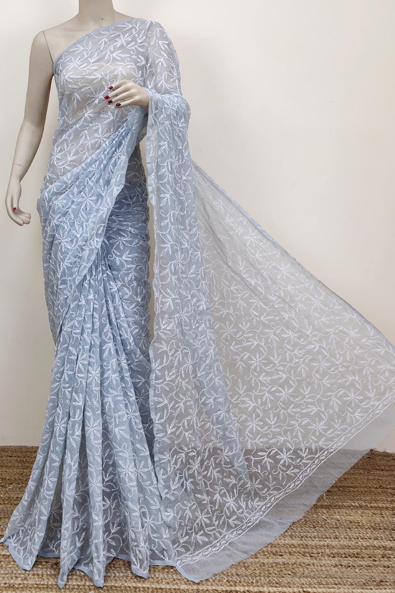 Grey Colour  Georgette Chikankari Allover Tepchi (saree With Blouse) Mc252589