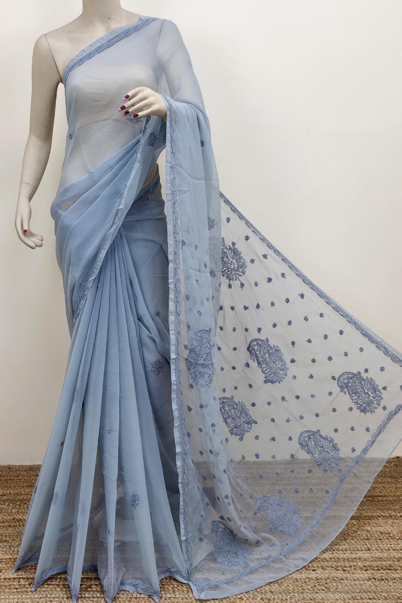 Grey Colour Georgette Lucknowi Chikankari (saree With Blouse) Mc252594