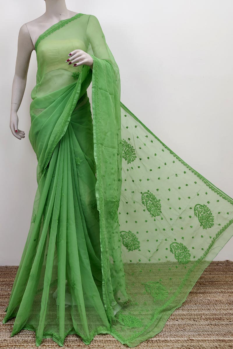 Green Colour Georgette Lucknowi Chikankari (Saree with Blouse) MC252595
