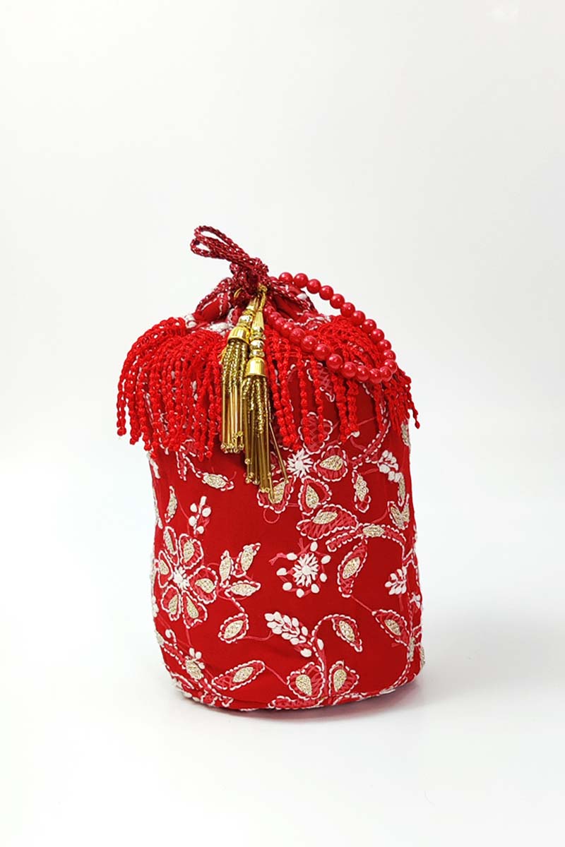 Red Color Women Hand Embroidered Chikankari Potli Bag Mc251516