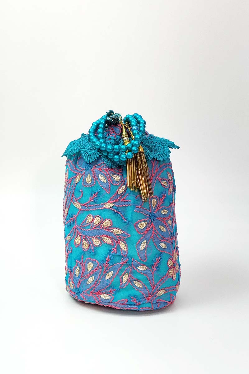 BLUE color Women Hand Embroidered Chikankari Potli Bag MC251550