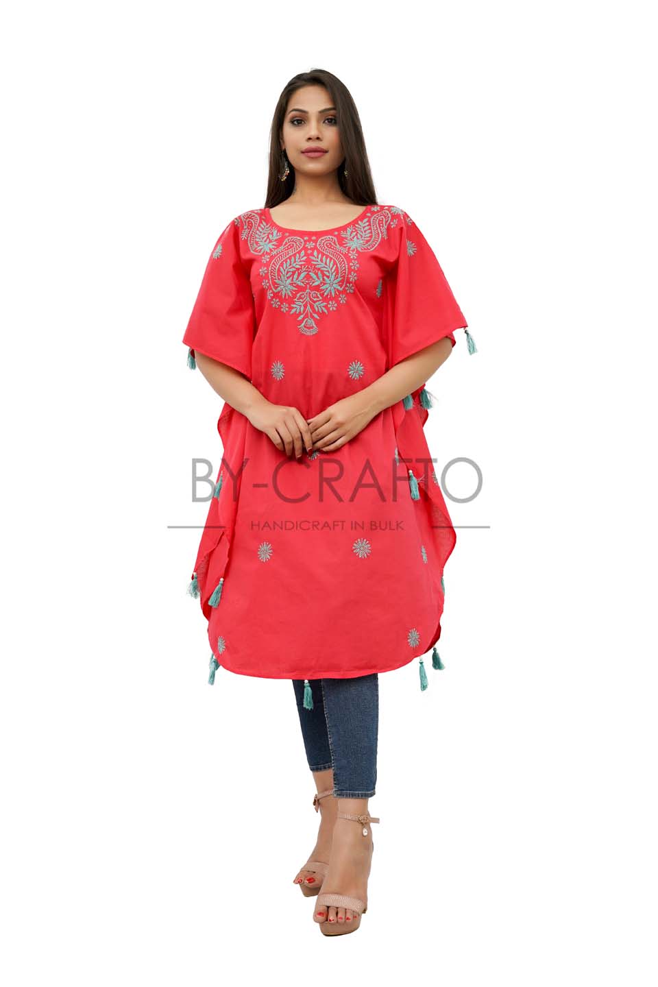 Maana Creation Hand Embroidered Carrot Red Cotton Lucknow Chikankari Kaftan– RI1018