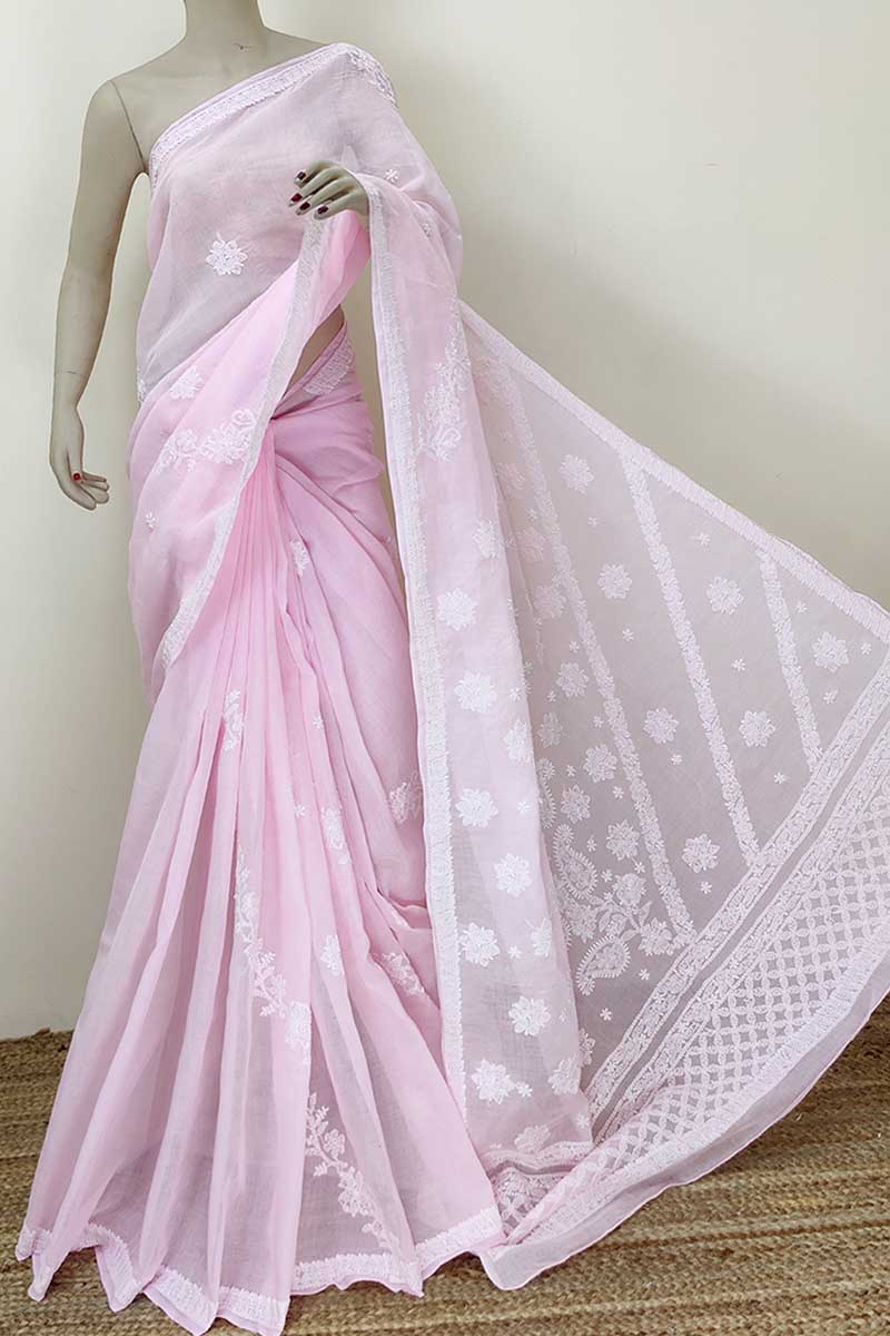 Baby Pink Color Designer Hand Embroidered Lucknowi Chikankari Saree (With Blouse - Cotton) MC252325