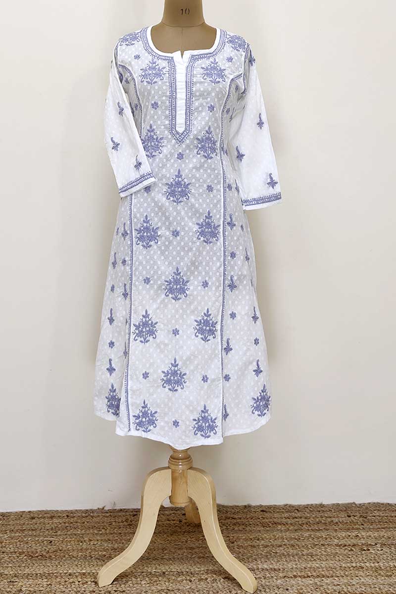 White colour pure cotton dyeable fabric A line lucknowi Chikankari kurta (Reyon Cotton) MC252331
