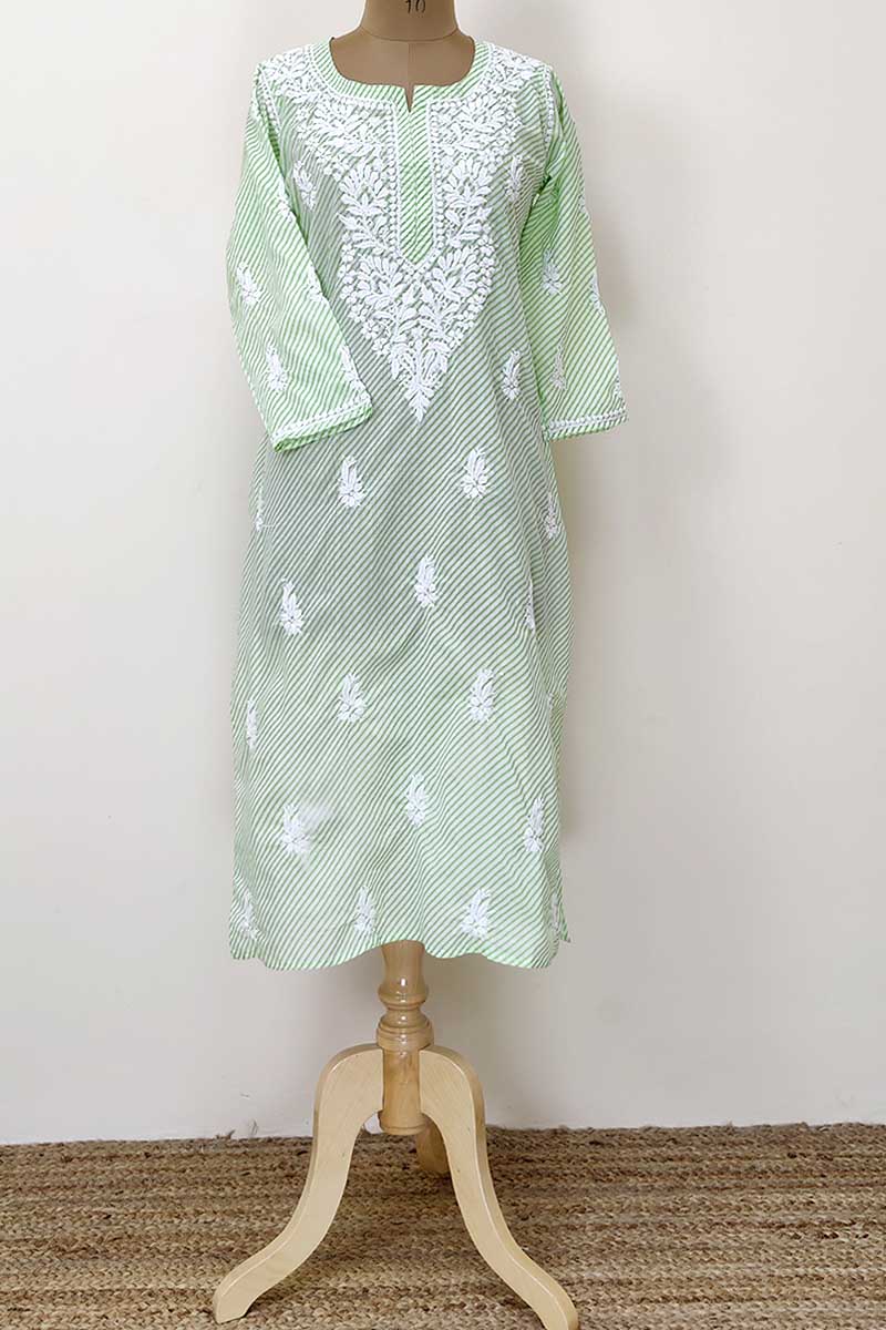 Light Green Color Lahariya Print Kurta Hand Embroidered Lucknowi Chikankari  Ghaas Patti Kurta (cotton) Mc252332