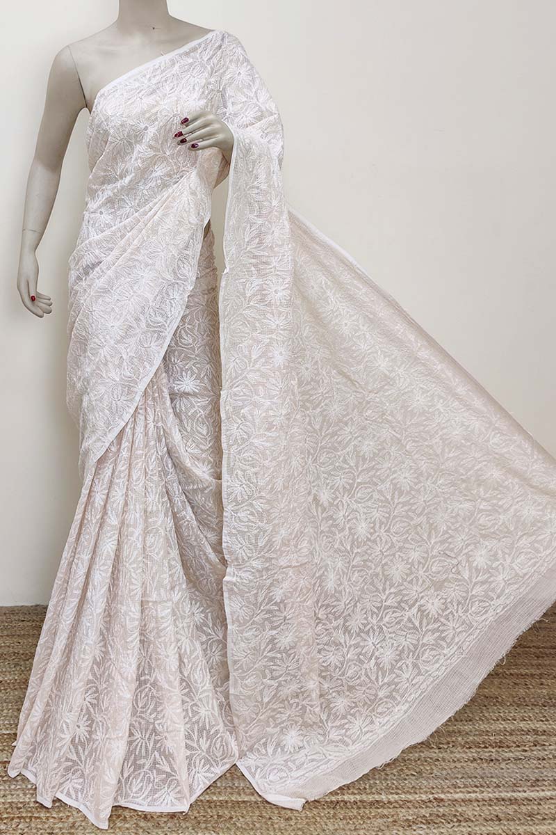 Light Peach Color Kota Cotton Hand Embroidered Tepchi Work Lucknowi Chikankari Saree (without Blouse - Cotton) Mc252931