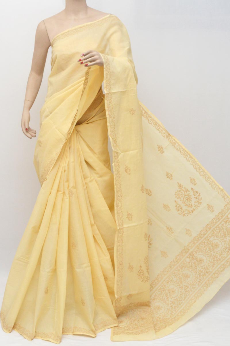 Fawn Colour, Hand Embroidered Work Lucknowi Chikankari Saree (with Blouse - Cotton) Mc251206 Mc251209