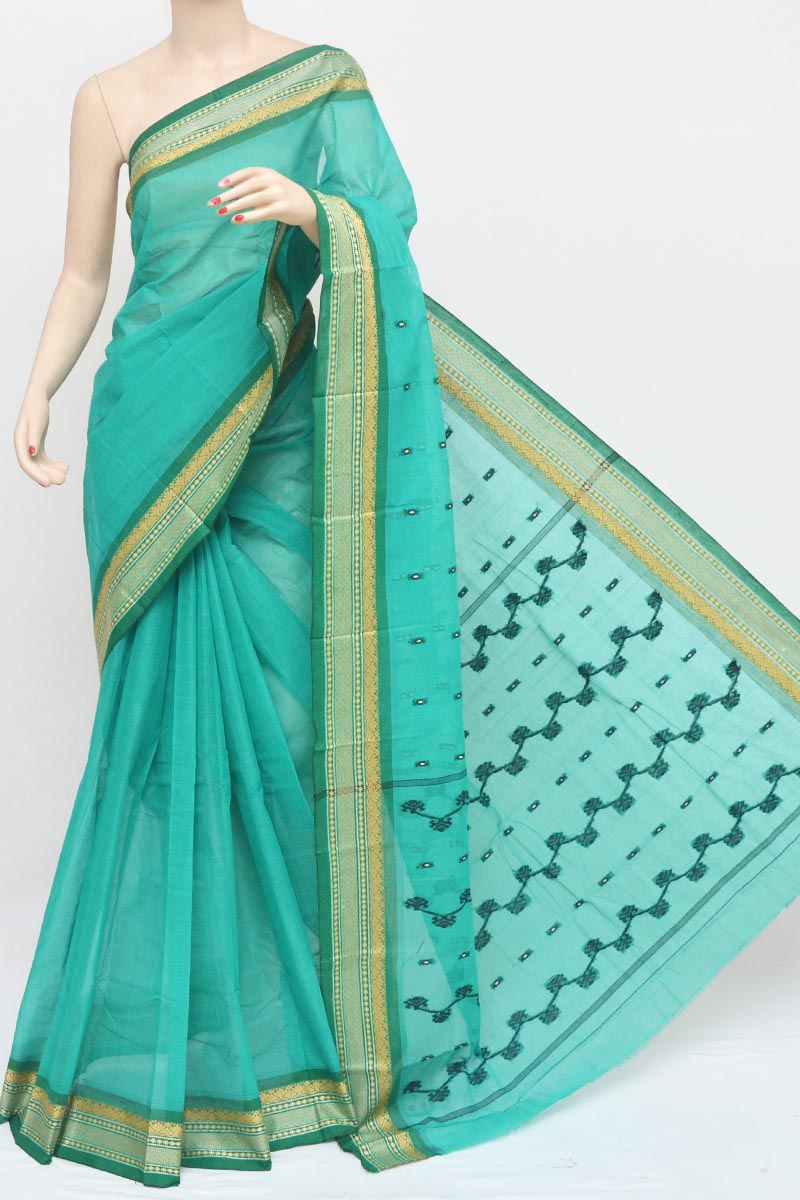 Sea-green Color With Zari Border Cotton Tant Bengal Handloom Saree (without Blouse)  Mc251211