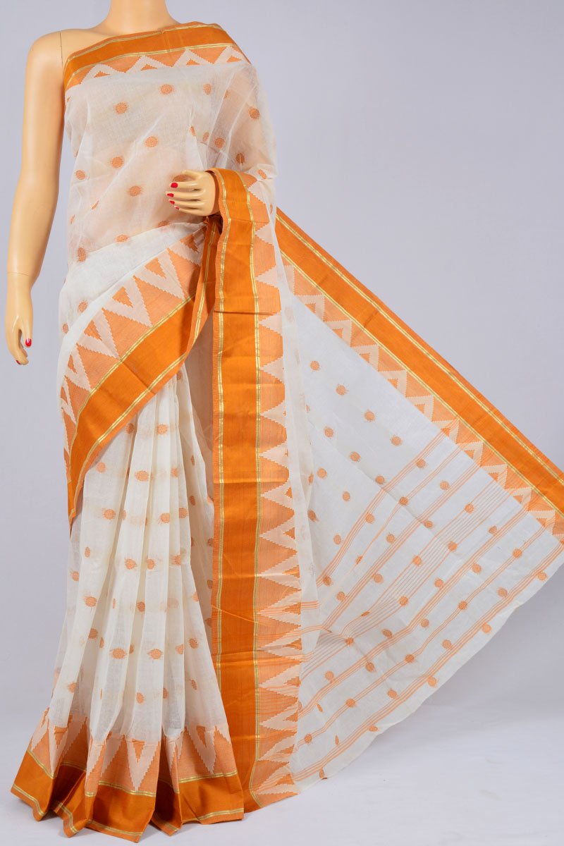 White Color Handwoven Bengal Handloom Pure Cotton Tant, Zari Border Saree (without Blouse) - MC250187