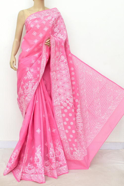 Pink Hand Embroidered Lucknowi Chikankari Saree (With Blouse - Cotton) 14793