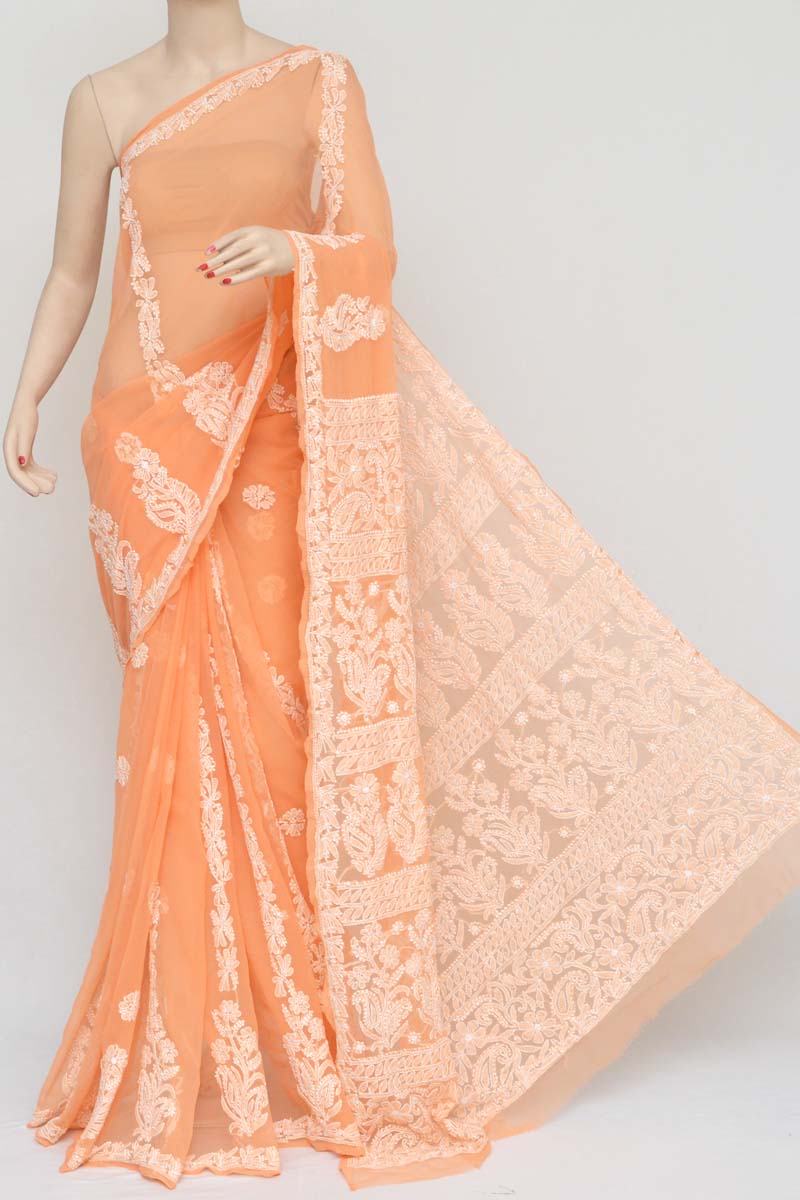 Orange Color Hand Embroidered Lucknowi Chikankari Saree  (with Blouse - Georgette) Kc2510512