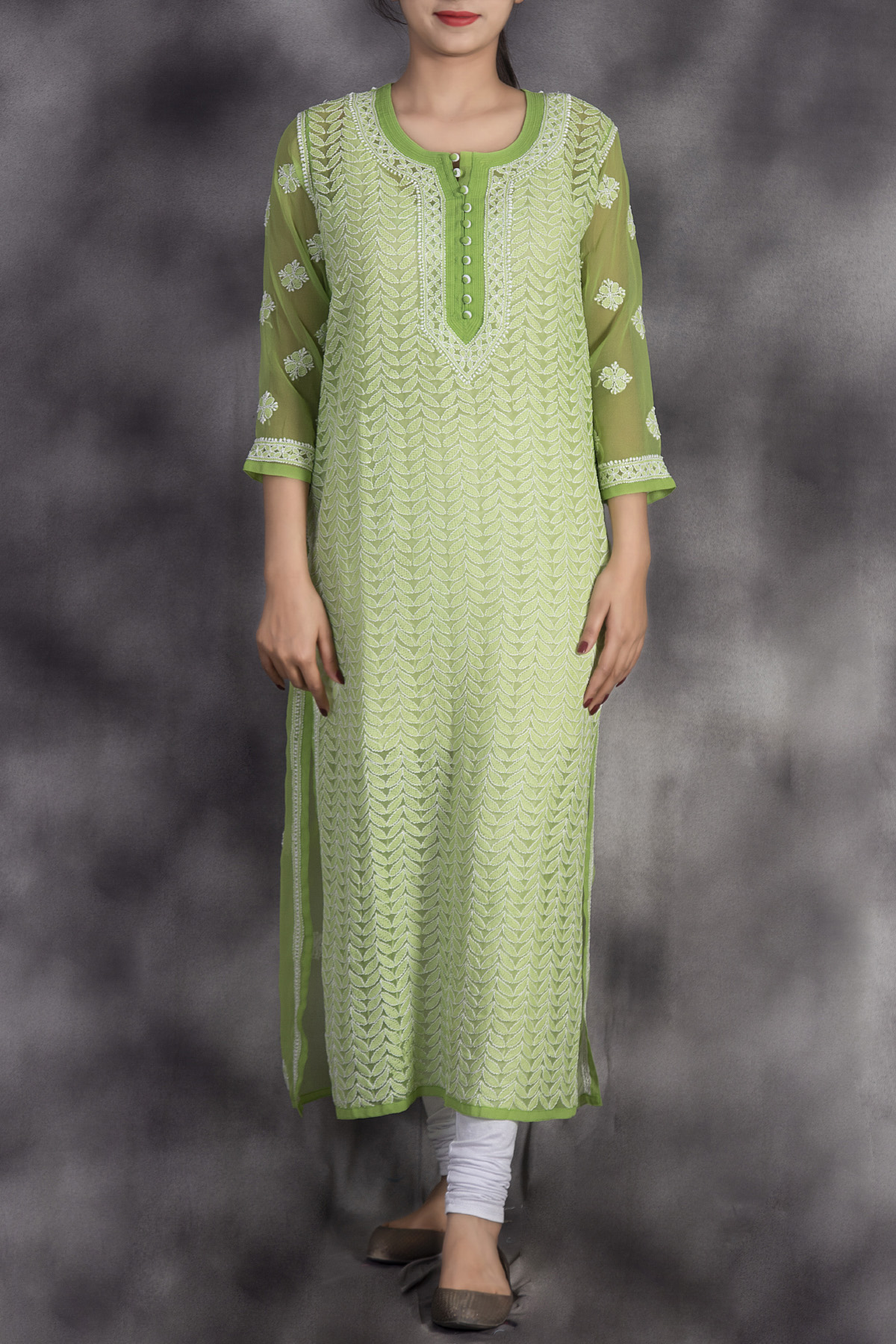 Hand Embroidered Lucknowi Chikan White and Rose Color Georgette Kurti with  Palazzo - OnlineChikan.Com