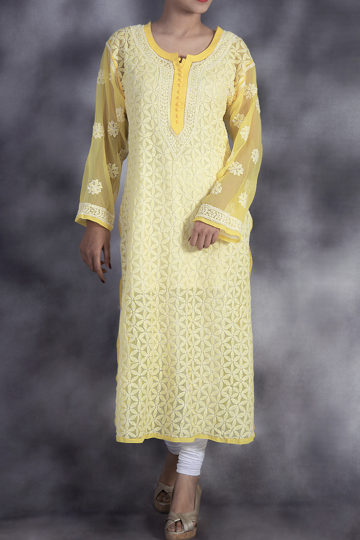 Yellow Chikan Kurtis, Size: L