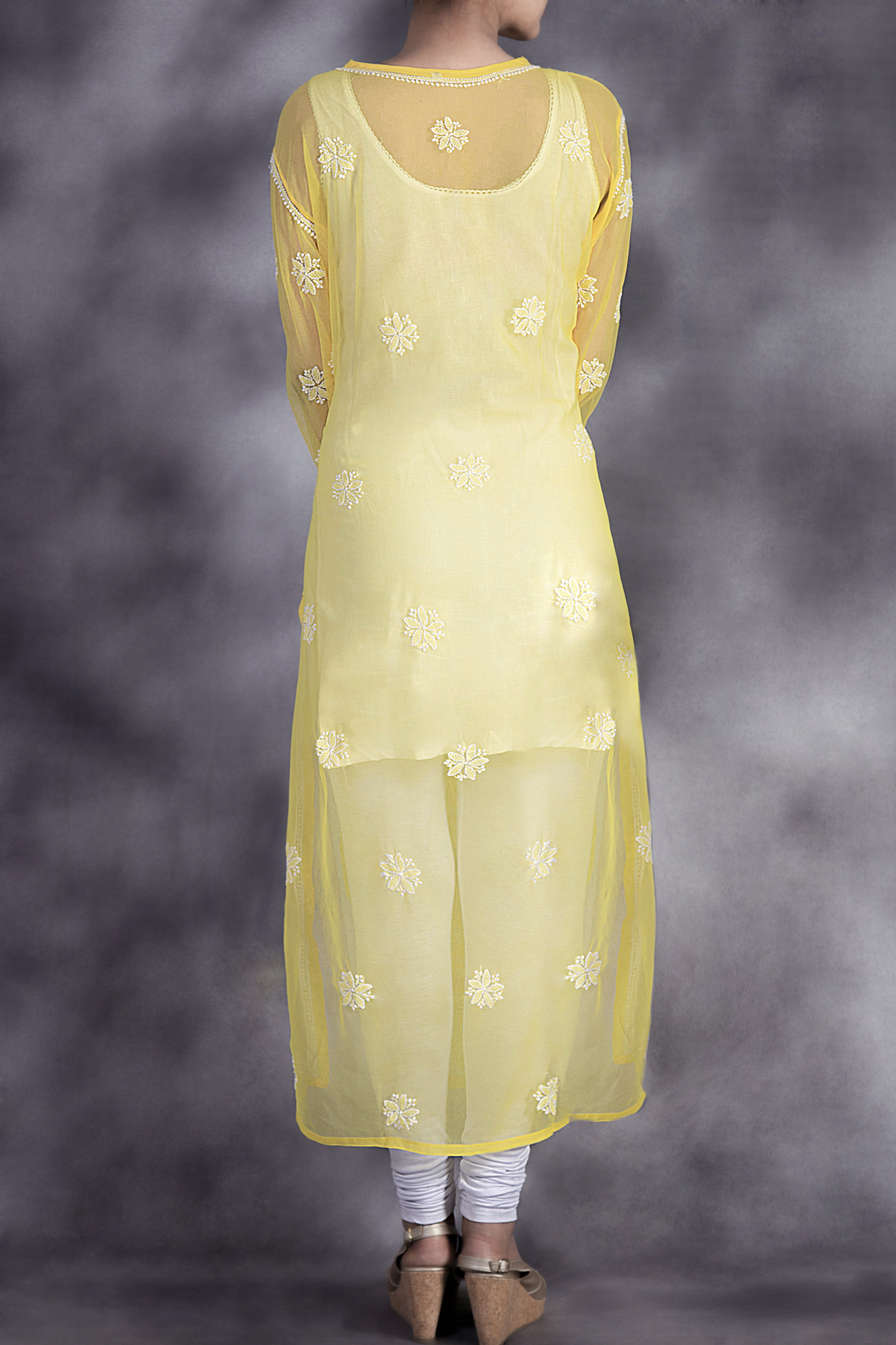Yellow Georgette A-Line Kurti Lucknow Chikankari Kurta - TheChikanLabel |  Lucknow Chikankari Kurtis & Suits
