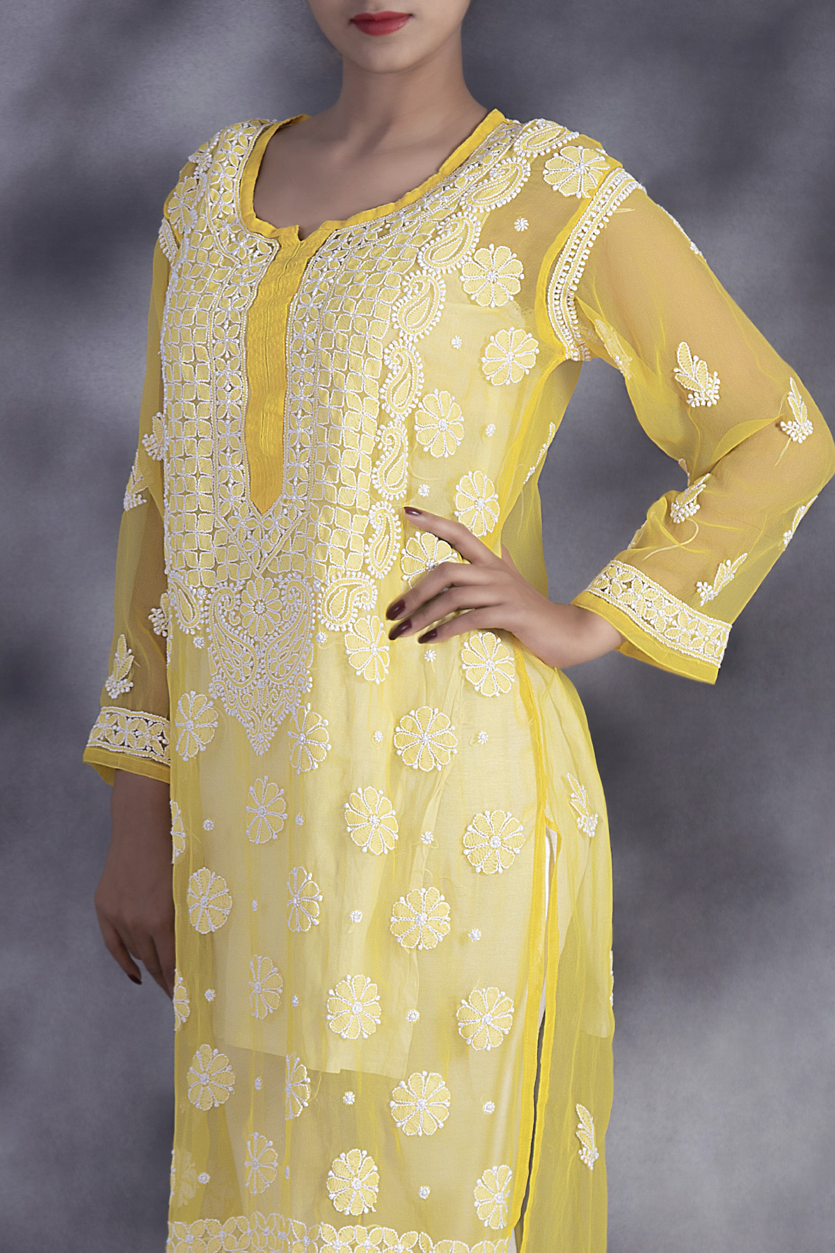 Georgette lucknowi chikan work hand embroidery gown style kurti light yellow  in Lucknow at best price by Wahid & Sons Chikan Arts - Justdial