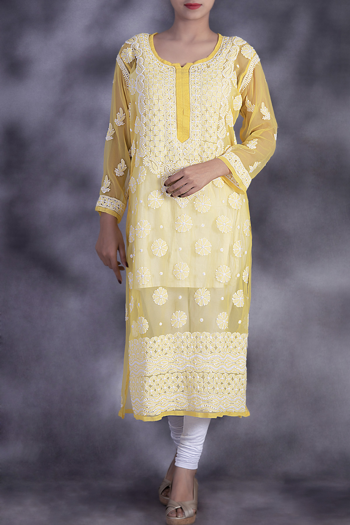 Georgette Ladies 3/4 Sleeves Breathable And Comfortable Embroidered Yellow  Chikan Kurtis at Best Price in Pune | Global Creations