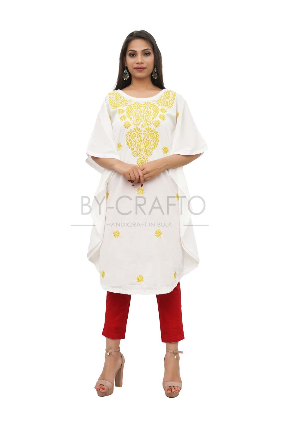 Maana Creation Hand Embroidered White with Dhani work Cotton Lucknow Chikankari Kaftan– RI1022