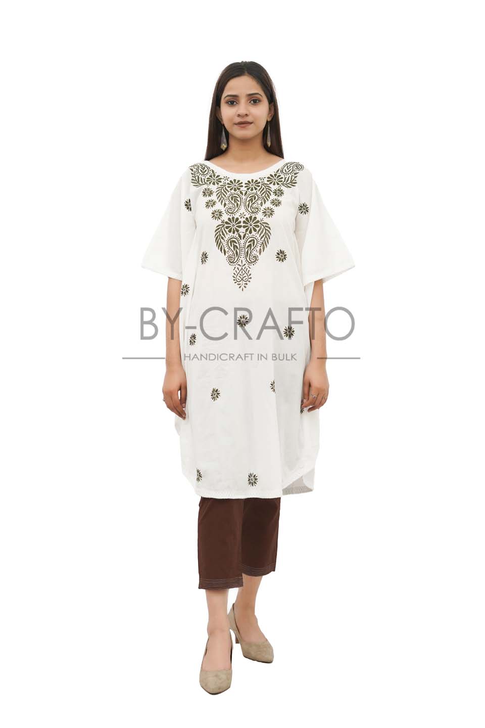 Maana Creation Hand Embroidered White with Green work Cotton Lucknow Chikankari Kaftan– RI1026