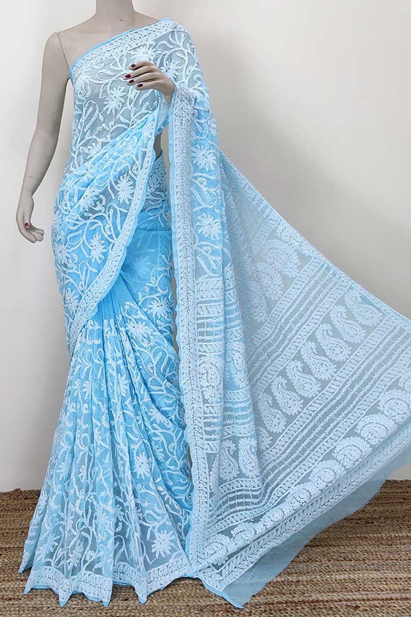 Sky Blue Color Allover Hand Embroidered Lucknowi Chikankari Saree (with Blouse - Georgette) Mc252346