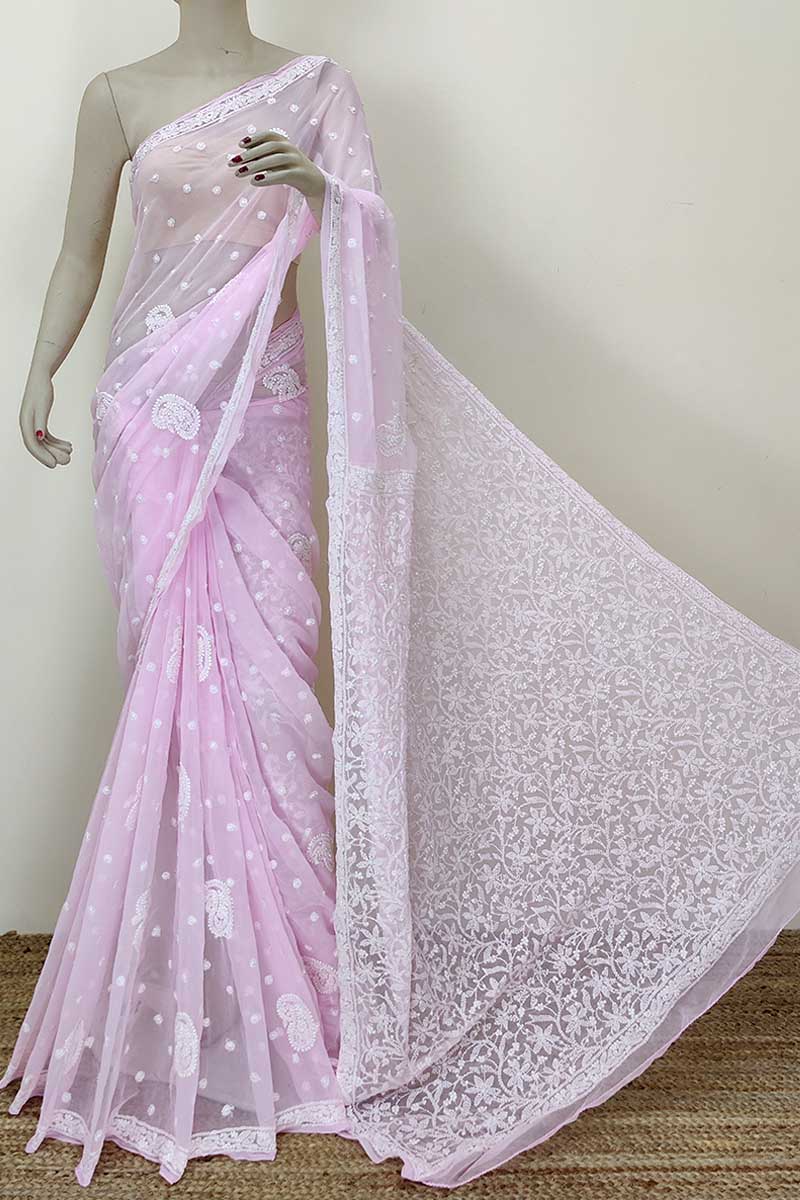 Pink Color Booti Jaal Designer Hand Embroidered Lucknowi Chikankari Saree (With Blouse - Georgette) MC252349