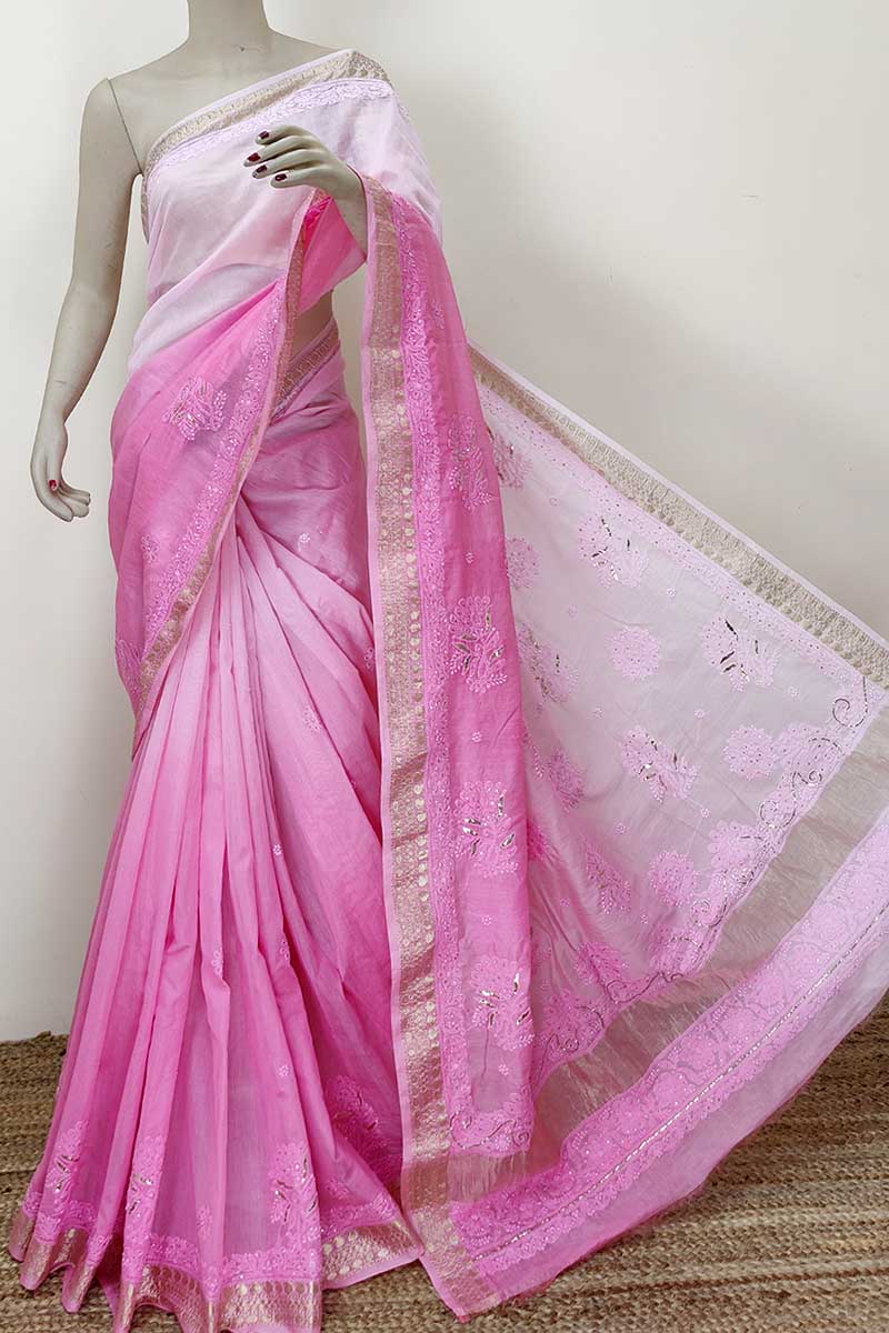 Pink Color Chanderi Silk Chikankari Saree With Mukaish Work (with Blouse) Mc252352