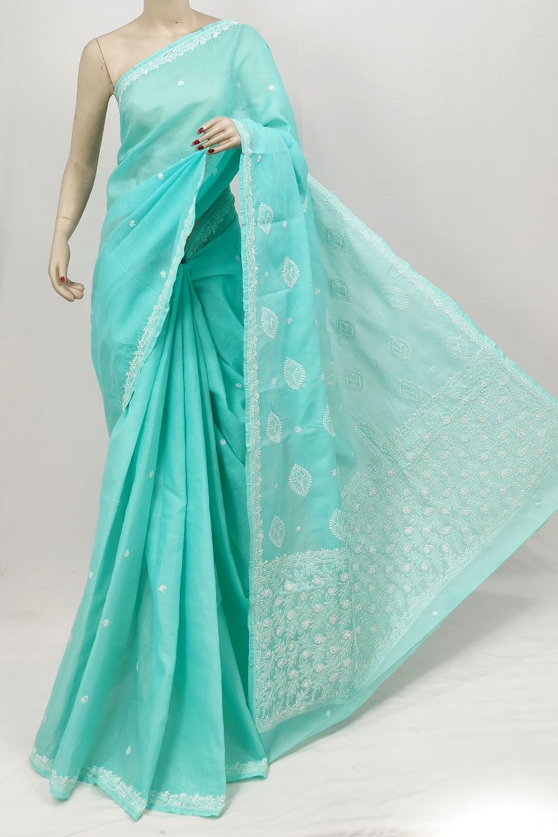 Pista Green Colour Cotton Designer Lucknowi Chikankari Saree With Blouse253232