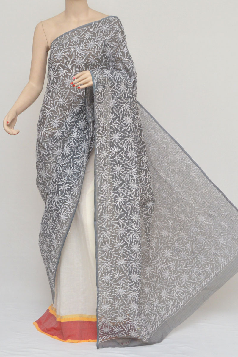 Grey Allover Tepchi Hand Embroidered Lucknowi Chikankari Dupatta (Kota Cotton)MC251022