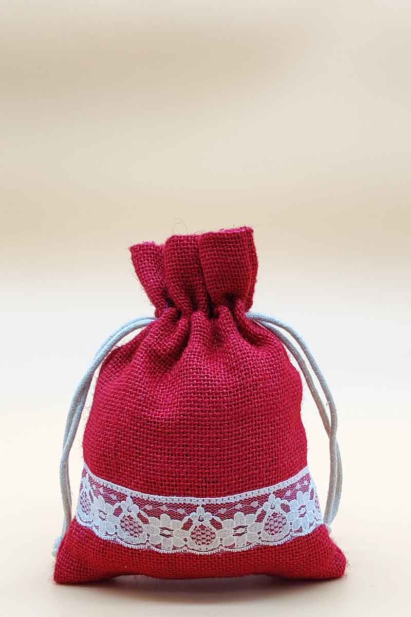 Red Colour beautiful jute potli bag with lace work- MC251240