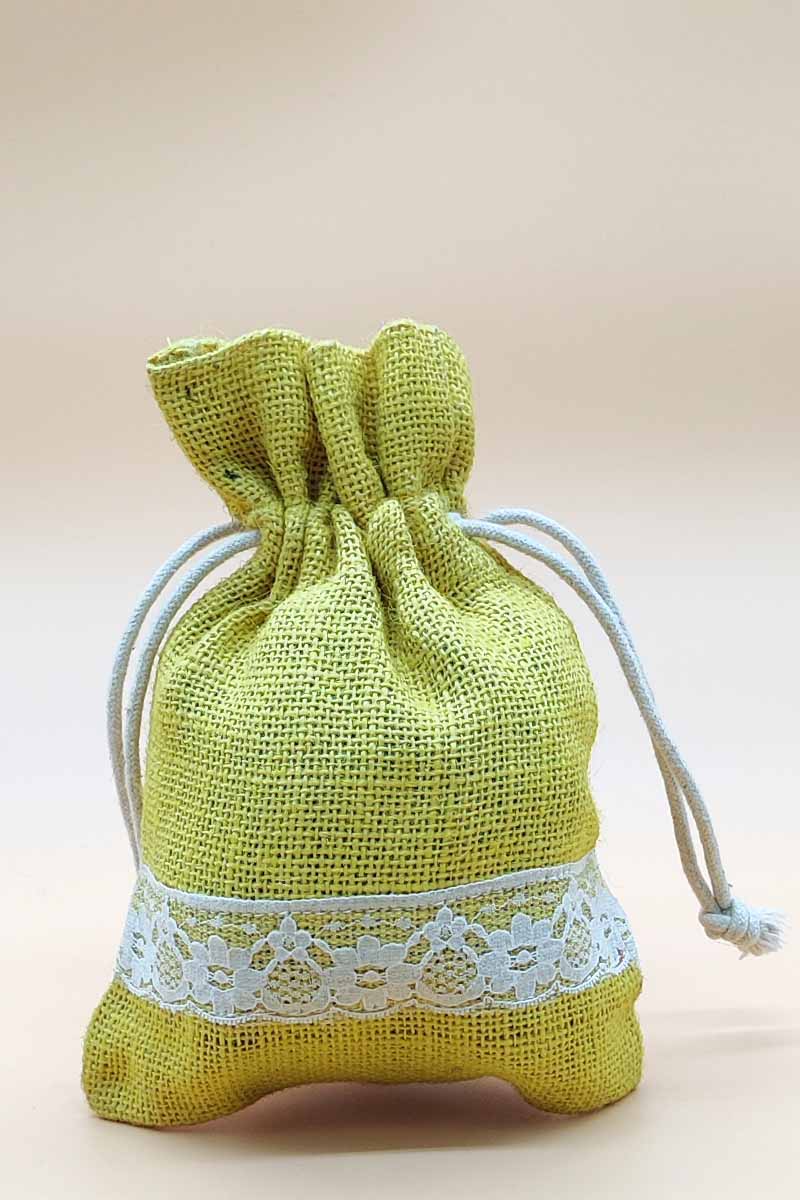 Lemon yellow Colour beautiful jute potli bag with lace work- MC251244