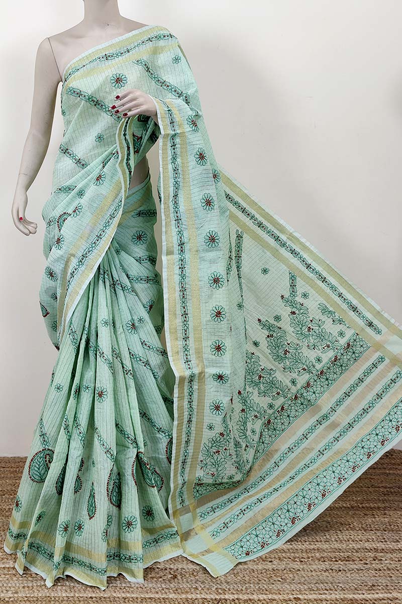 Pista Green color Hand Embroidered Work Lucknowi Chikankari Saree With Blouse (Chanderi Cotton) MC252509