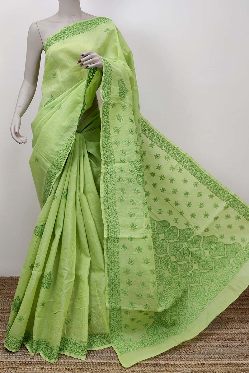 Green Color Designer Hand Embroidered Lucknowi Chikankari Saree (with Blouse - Cotton) Mc252511