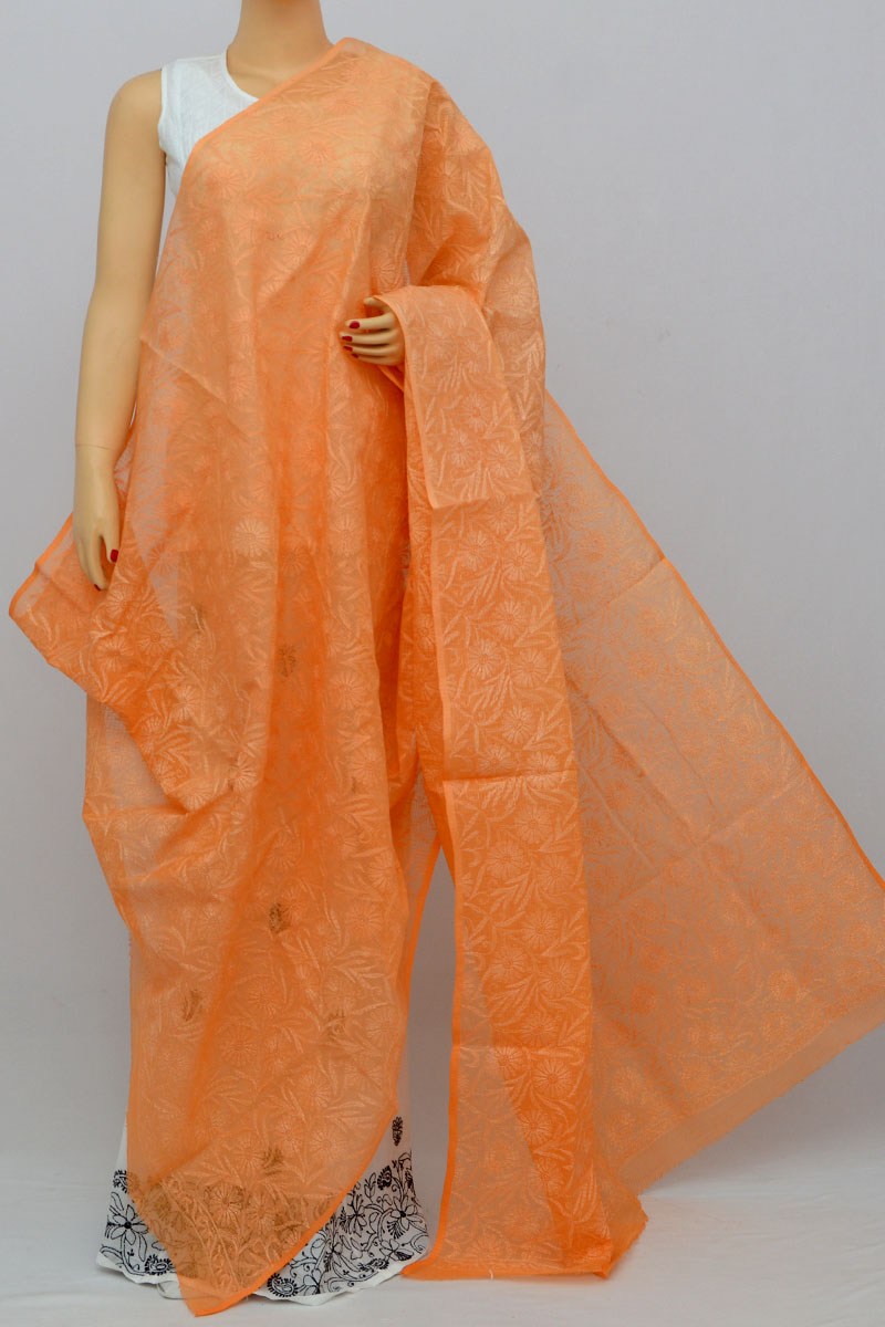 Orange Allover Tepchi Hand Embroidered Lucknowi Chikankari Shaded Dupatta (Kota Cotton) MY250252