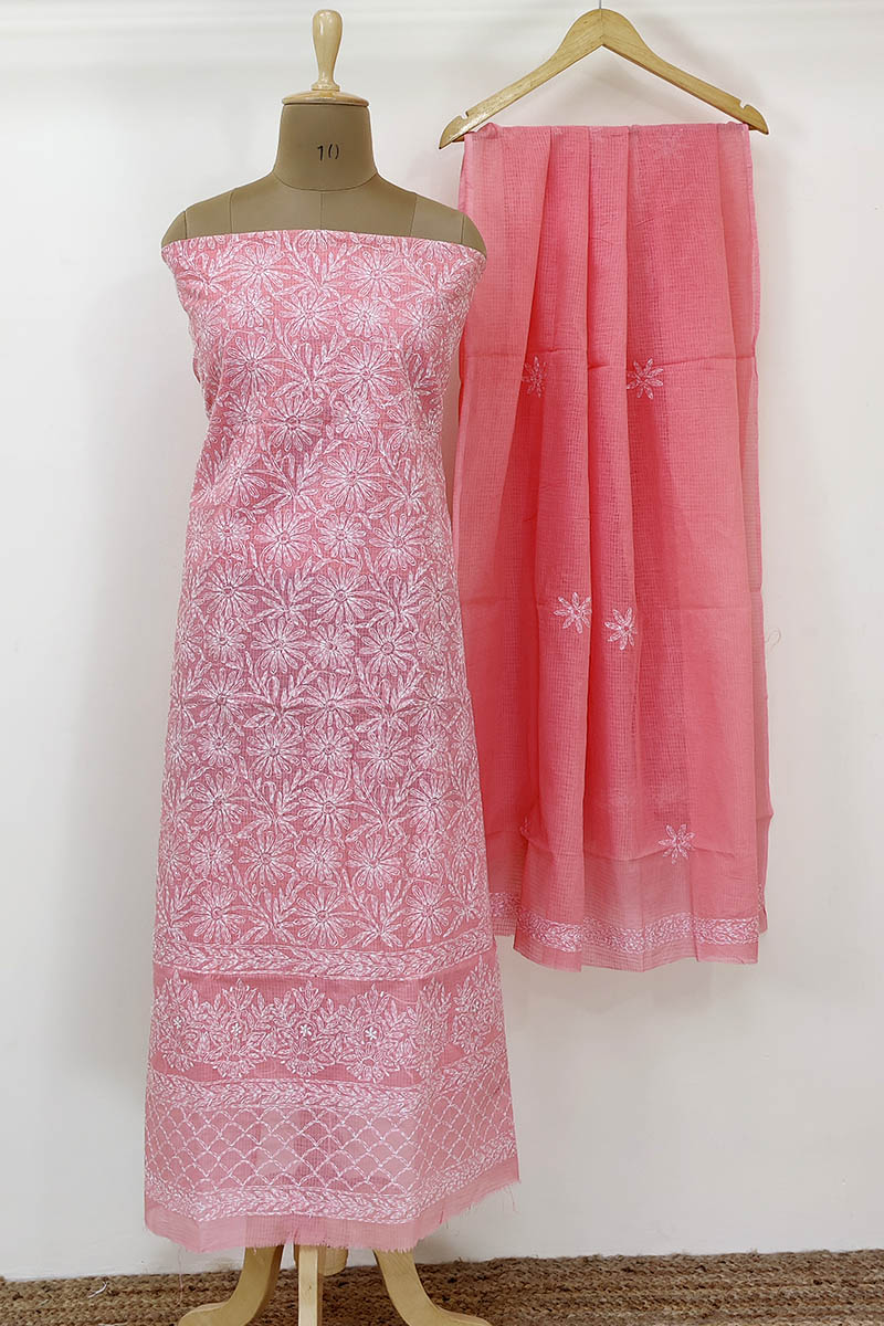 Peach Color Tepchi Work Hand Embroidered Lucknowi Chikankari Kurta With Dupatta (kota Cotton) Mc252275