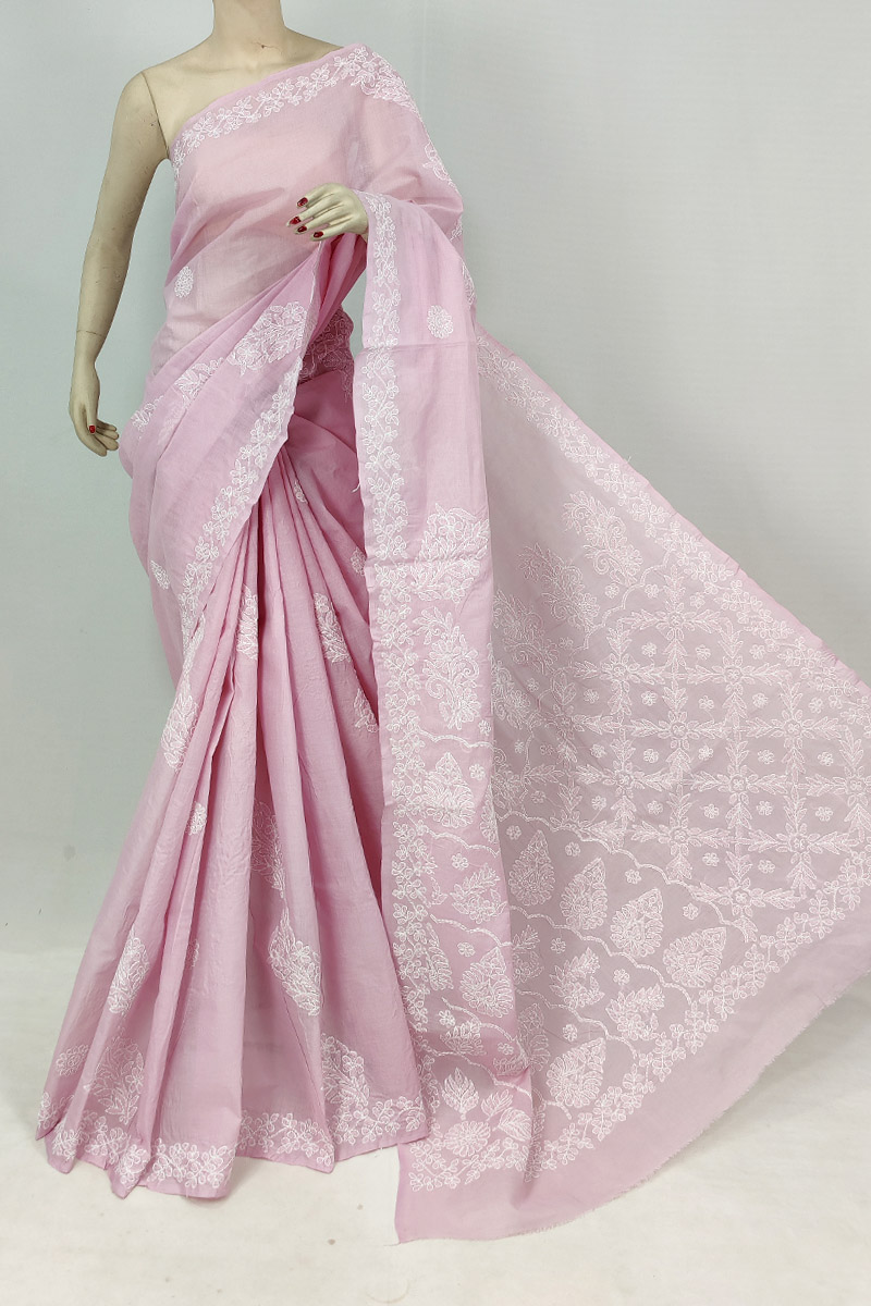 Light Onion Colour Cotton Chikankari Saree With Blouse Mc253187